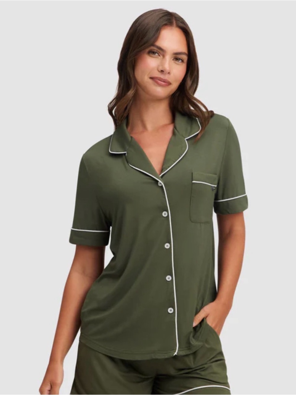 Cozy Earth Bamboo Stretch-Knit Short Sleeve Pajama Shirt - Olive - Size S NWT